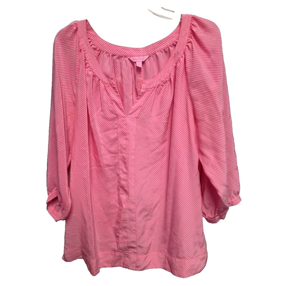 Lilly Pulitzer Silk Blouse‎ Women's XL Pink & White Stripes 3/4 Sleeve Top